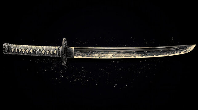 Intricate japanese sword katana and wakizashi sketch engraving art