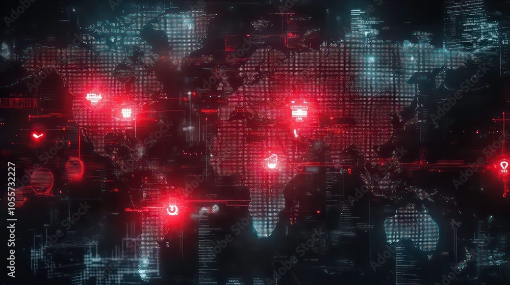 Fototapete A digital world map with highlighted locations and data overlays, suggesting connectivity and technology.