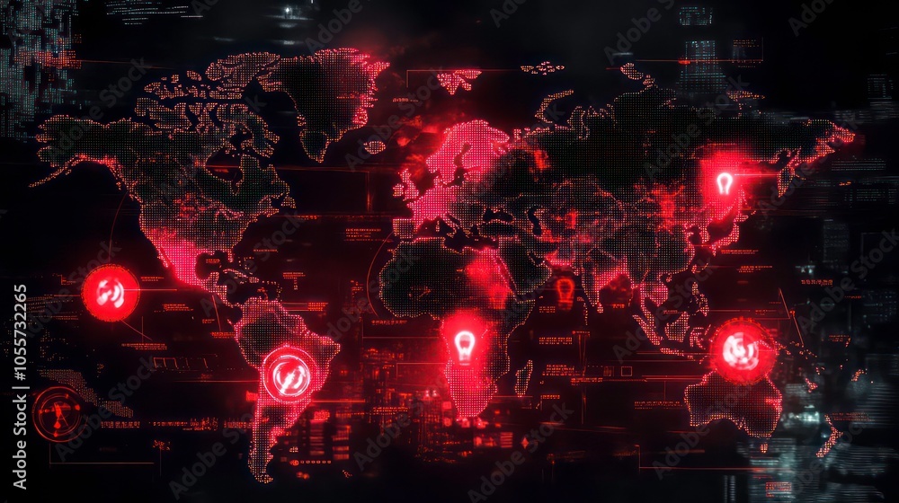 Poster A digital world map with highlighted locations and icons, suggesting a tech or data theme.