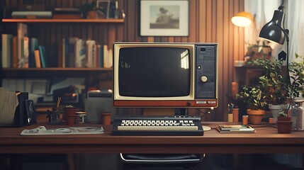 Vintage PC setup with thick monitor and keyboard on a clean modern desk capturing the essence of old technology in high detail