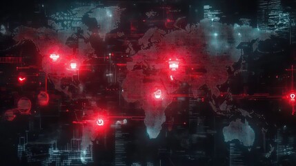 A digital world map with highlighted locations and data overlays, suggesting connectivity and technology.