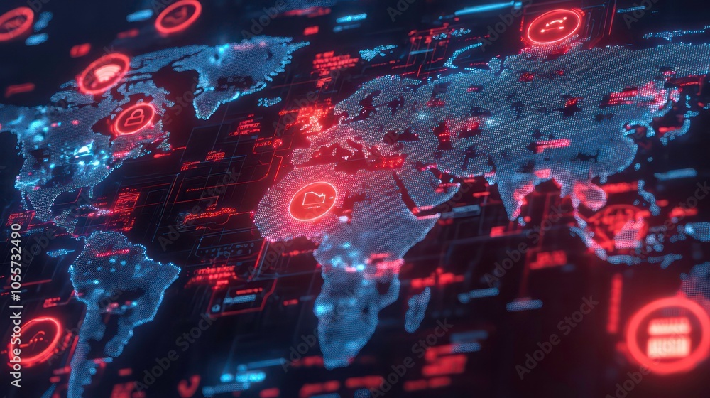 Fototapete a digital world map with glowing icons representing data and technology.