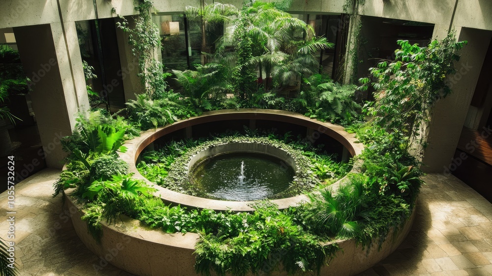 Poster an elegant circular indoor space filled with lush greenery, creating a serene escape where nature an
