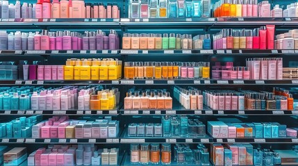 Obraz premium A vibrant display of various makeup products on shelves in a retail store