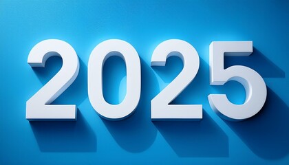 ダイナミックな「2025」—青色の背景に力強く配置された白抜きの数字