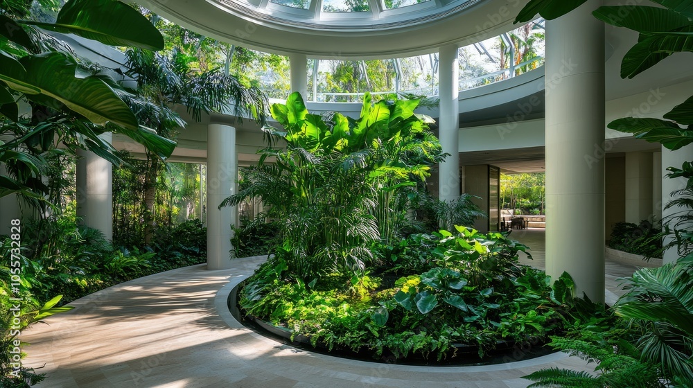 Poster an elegant circular indoor space filled with lush greenery, creating a serene escape where nature an