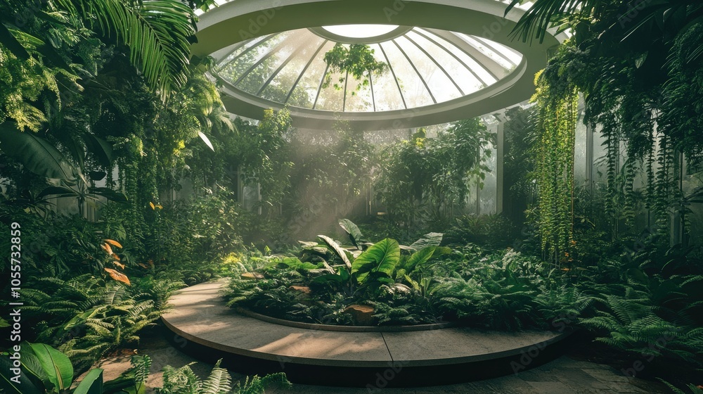 Poster an elegant circular indoor space filled with lush greenery, creating a serene escape where nature an