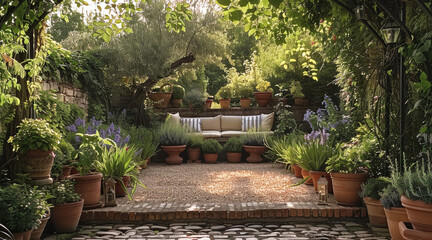 Obraz premium Romantic garden sunken seating trees over head beautiful clusters of clay pots with plants adding layers garden lanterns side table.