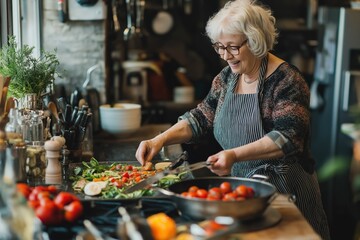 A woman is cooking in a kitchen with a variety of vegetables and fruits. She is smiling and seems...