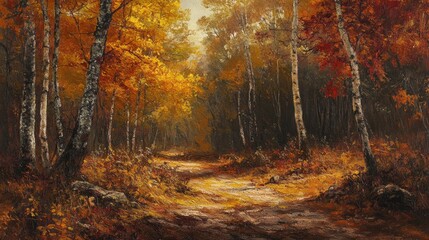 Serene Autumn Pathway in Vibrant Forest Colors