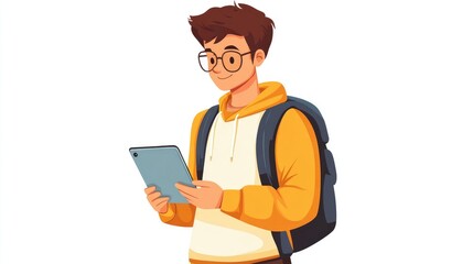 Young Man with Glasses Holding iPad, Flat Design Vector Illustration of Student on White Background