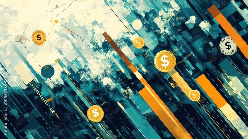 Aufkleber abstract digital artwork featuring financial symbols and data visuals.