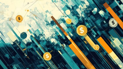 Abstract digital artwork featuring financial symbols and data visuals.