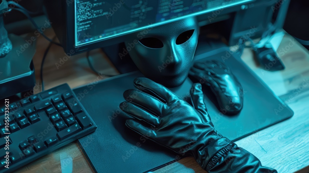 Poster artistic representation of hacker tools and mask