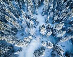 Aerial view of winter forest with snow covered everywhere. Winter landscape top view