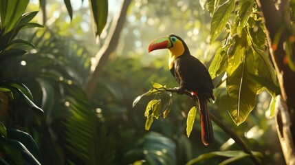 Obraz premium A Colorful Toucan Perched on a Branch in a Lush Tropical Forest