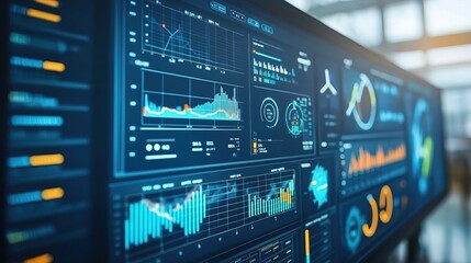 Naklejka premium Renewable energy data analysis on digital monitor at solar and wind power plant 
