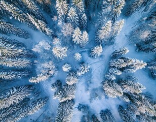 Aerial view of winter forest with snow covered everywhere. Winter landscape top view