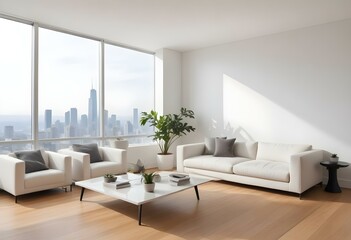 A modern, minimalist living room with large windows overlooking a city skyline. The room features a white sofa, armchair, and coffee table, along with a potted plant and a laptop on the table.