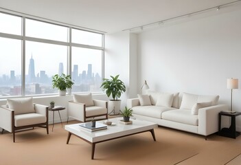 A modern, minimalist living room with large windows overlooking a city skyline. The room features a white sofa, armchair, and coffee table, along with a potted plant and a laptop on the table.