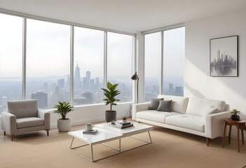 Fototapeta premium A modern, minimalist living room with large windows overlooking a city skyline. The room features a white sofa, armchair, and coffee table, along with a potted plant and a laptop on the table.