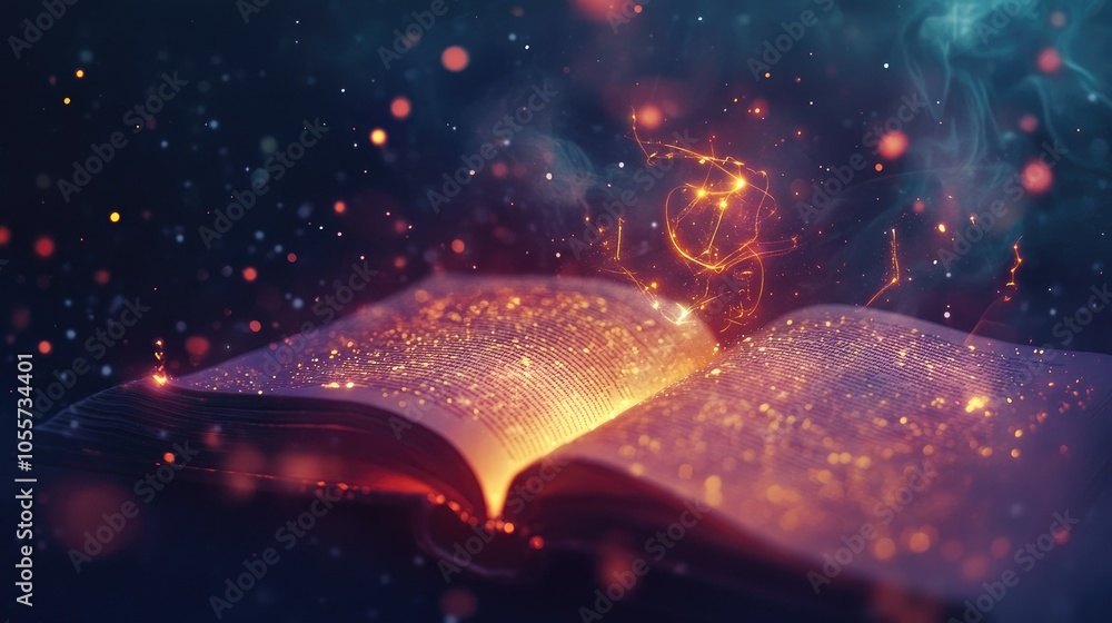 Poster an open magic book with glowing pages, as abstract lights and symbols emanate from it, casting an et