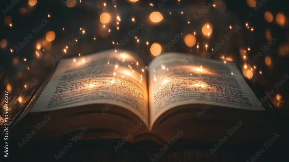 Poster an open magic book with glowing pages, as abstract lights and symbols emanate from it, casting an et