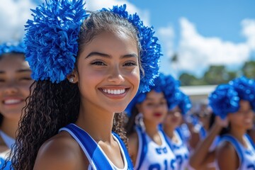 Close-up of a cheerful young cheerleader in a blue uniform with a bright smile, celebrating school spirit under the sunny sky with teammates in the background.