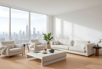 Fototapeta premium A modern, minimalist living room with large windows overlooking a city skyline. The room features a white sofa, armchair, and coffee table, along with a potted plant and a laptop on the table.