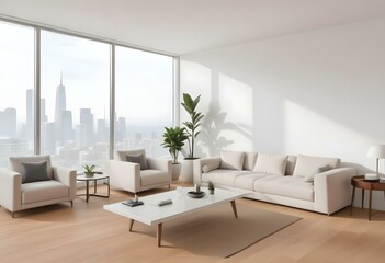 Fototapeta premium A modern, minimalist living room with large windows overlooking a city skyline. The room features a white sofa, armchair, and coffee table, along with a potted plant and a laptop on the table.