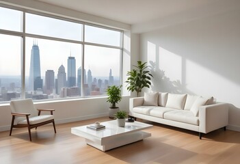 Fototapeta premium A modern, minimalist living room with large windows overlooking a city skyline. The room features a white sofa, armchair, and coffee table, along with a potted plant and a laptop on the table.