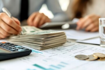 Close-up of a person organizing cash, calculator, and documents on a desk, symbolizing finance management and budgeting.