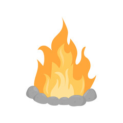 Tourist bonfire in the stone border. Campfire isolated on white background. Vector illustration in a flat style.