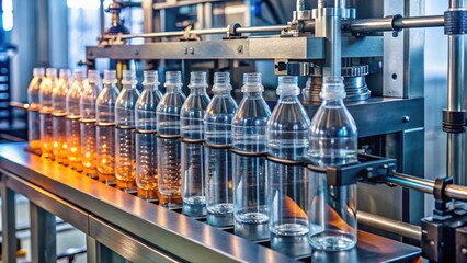 Automatic pet plastic bottle blow moulding machine in action producing bottles on production line