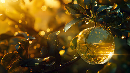 A glass apple on apple tree in the evening. Close-up