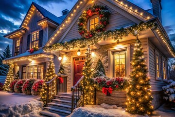 Fototapeta premium Beautiful House Facade Adorned with Sparkling Christmas Lights for Festive Atmosphere