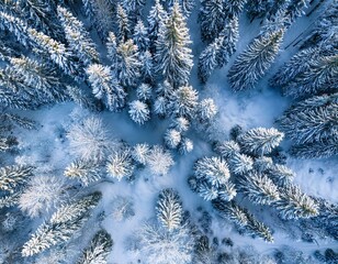 Aerial view of winter forest with snow covered everywhere. Winter landscape top view