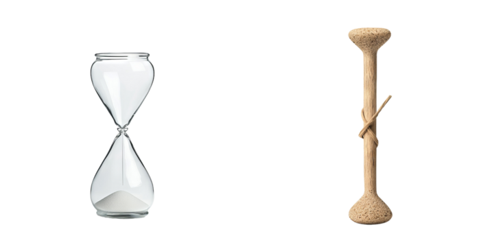 A minimalist representation of time featuring an hourglass and a simple hour marker, emphasizing the concept of time's passage and measurement.