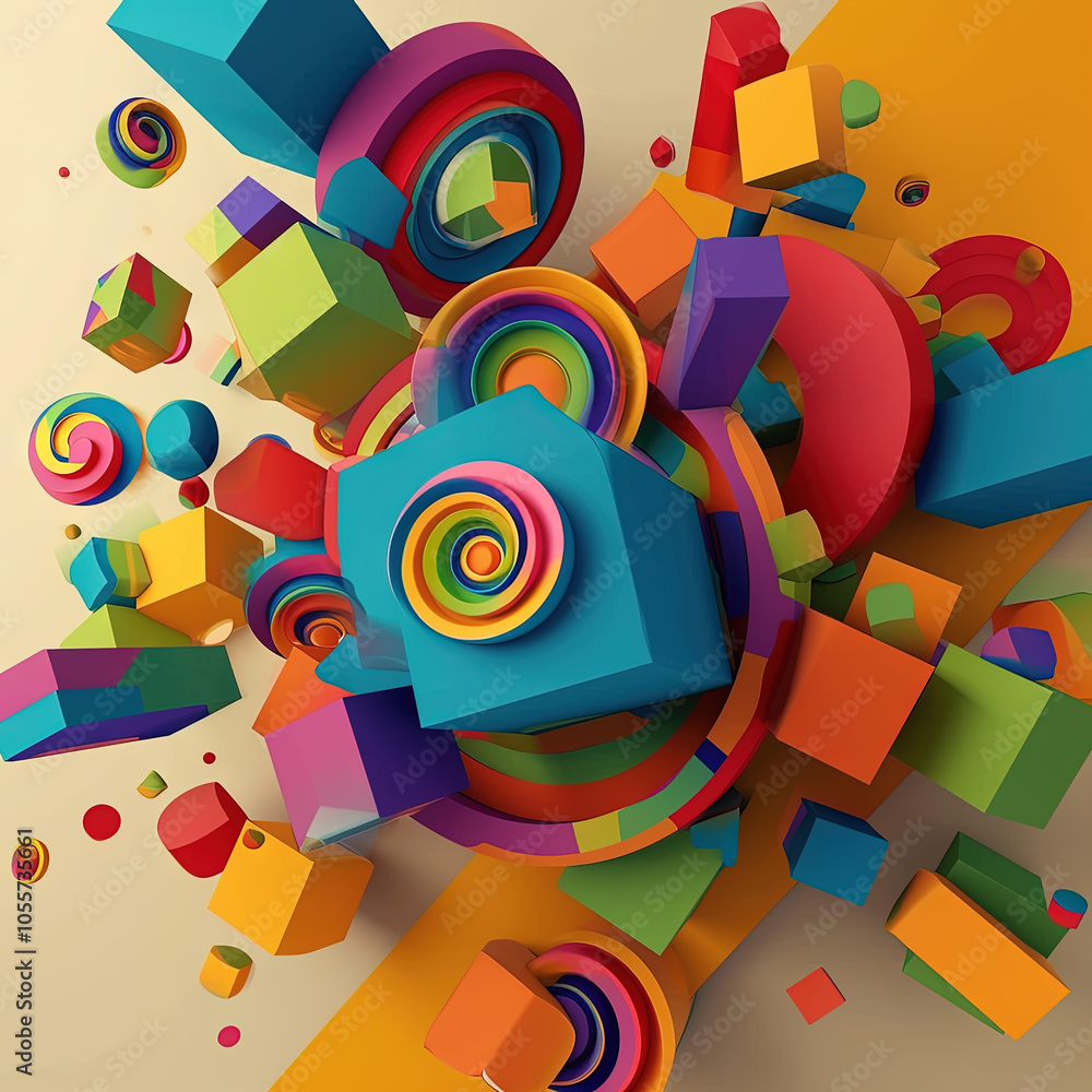 Poster abstract background with colorful 3d shapes scattered in geometric composition
