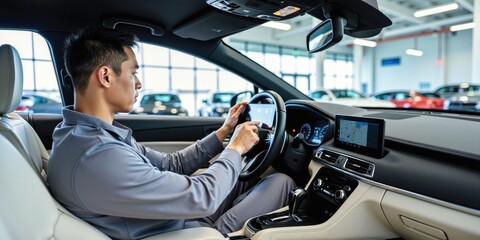 Professional Male Mechanic in Gray Uniform Adjusting Cars Navigation Display