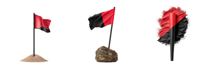 Three flags on different terrains: a solid red flag on sand, a red and black flag on a rock, and a textured red flag on a dark surface.