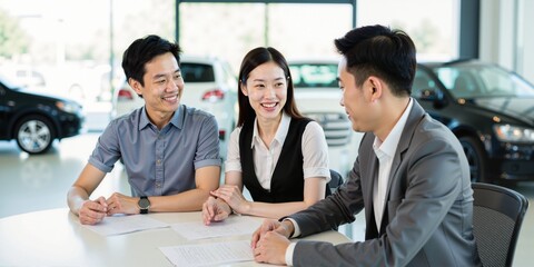 Smiling Asian Couple Engaged in Car Purchase Negotiation with Salesman