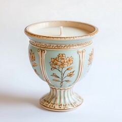 A scented candle in a decorative holder on a white background.