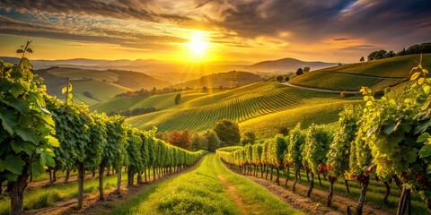 Fototapeta premium Beautiful Vineyard at Sunset - Serene Countryside Landscape Photography with Lush Grapevines and Ripe Grapes
