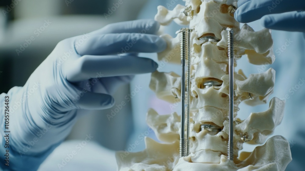 Aufkleber a close-up of a gloved hand pointing to a white model of a human spine. the spine has screws and met