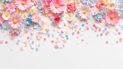 Floating pastel confetti and doodle flowers scattered on a seamless white background evoke a joyful, vibrant feel perfect for girly overlays