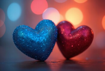 Obraz premium Two textured hearts, one blue and one red, set against a vibrant bokeh background