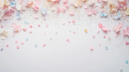 Light pastel confetti and sparkles scattered on a clean white background create a magical, cheerful effect with plenty of space for text