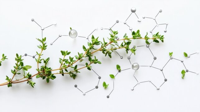 Thyme sprig with thymol molecule overlay, representing antimicrobial properties, isolated on white