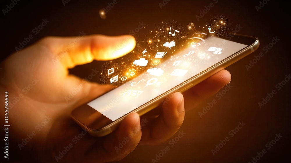 Poster hand gripping mobile phone with displaying icons